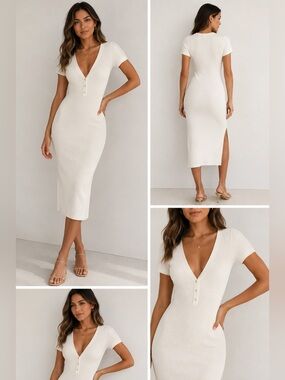 BCBG Max Azria Off-White Ribbed Sweater Dress | Stretch Knit | Small